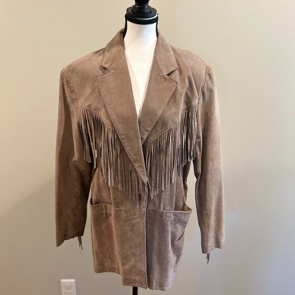 Vintage 80s Adam Douglass Suede Leather Fringe Jacket - Size S - Picture 1 of 8